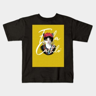 Yellow TXW back Cat Frida Cathlo version of - Frida Kahlo Kids T-Shirt